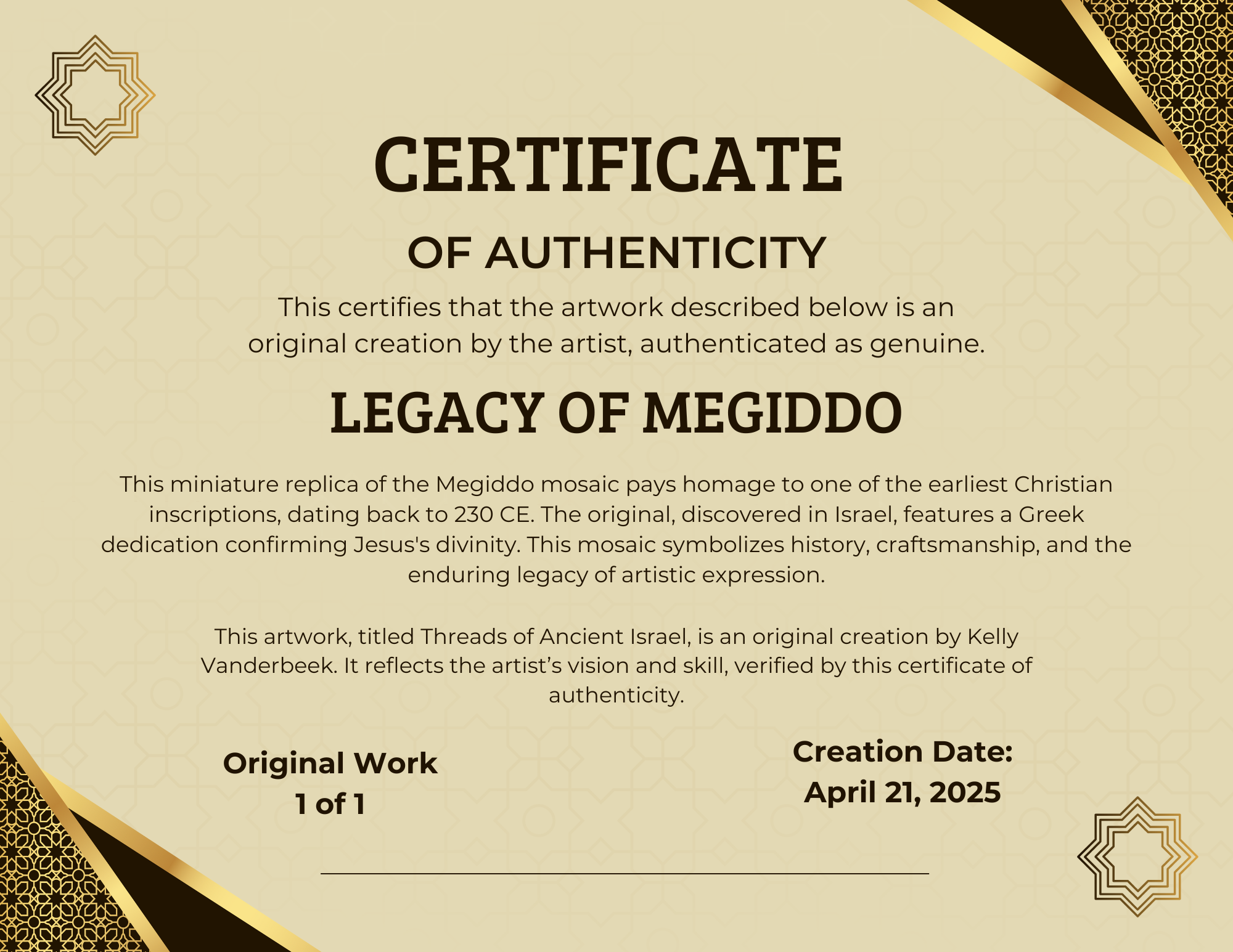 Certificate of Authenticity for The Megiddo Mosaic by Kelly Vanderbeek