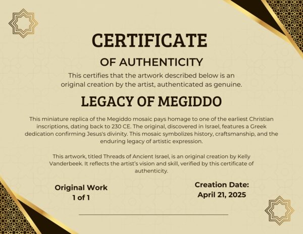 Certificate of Authenticity for The Megiddo Mosaic by Kelly Vanderbeek